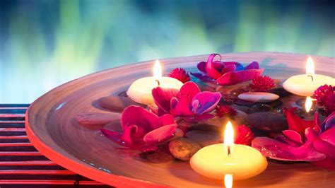 Download Wallpaper 3840x2160 SPA themed, candles, flowers, stones, water UHD 4K Background