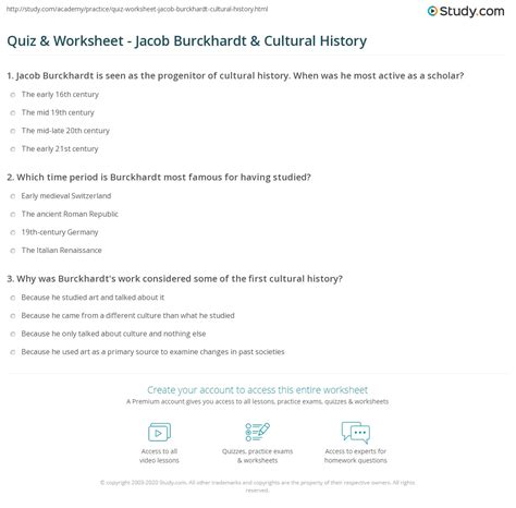 Quiz & Worksheet - Jacob Burckhardt & Cultural History | Study.com