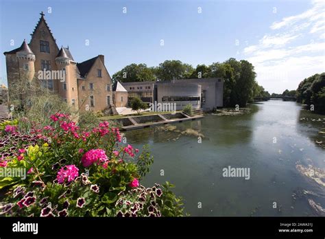 Town of La Fleche, France. Picturesque summer view of the Loir River at La Fleche, with the ...