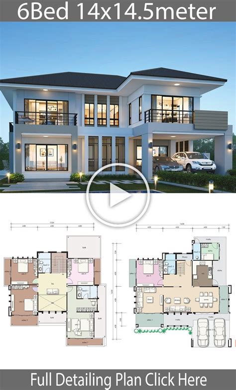 House Design Plan 14x14.5m With 6 Bedrooms - Home Design With Plansearch | Yerleşim Planı, Bi̇ ...