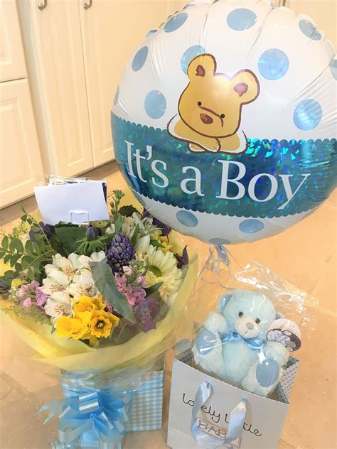 Gorgeous luxury New Baby Boy fresh flower gift bouquet with blue teddy bear and it's a boy ...