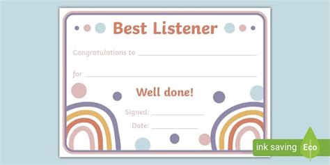 Muted Rainbow Themed-Best Listener Certificate - Twinkl