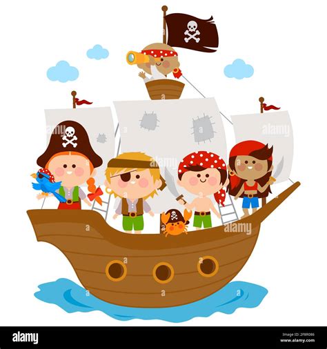 Pirate children, boys and girls sailing on a ship in the sea Stock ...