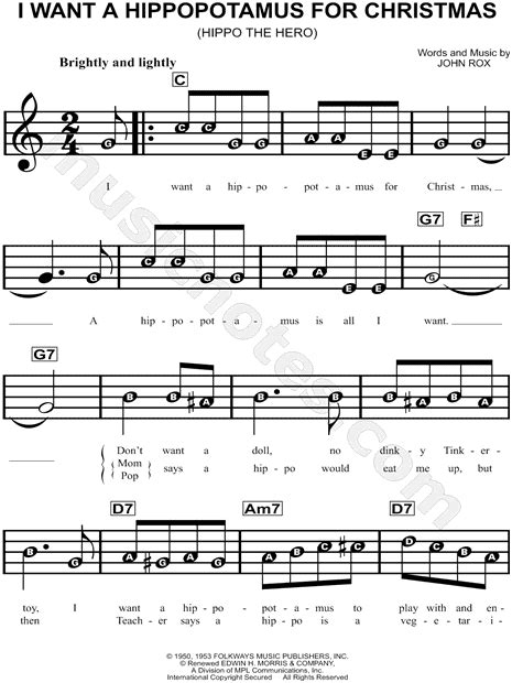 Gayla Peevey "I Want a Hippopotamus for Christmas" Sheet Music for Beginners in C Major ...