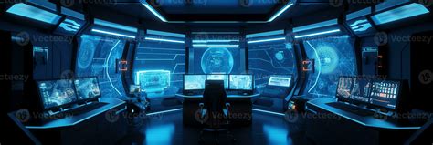 Command center interior banner. 3d room with neon light. Sci-fi concept with screens and ...