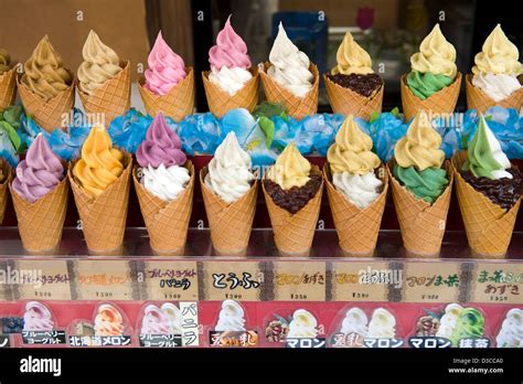 Unusual soft ice cream cone flavors such as tofu, Hokkaido melon, melon ...