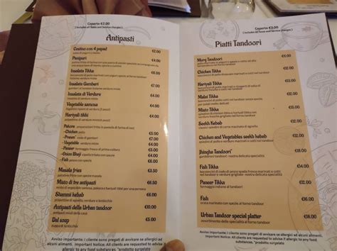 Menu at Urban Tandoor restaurant, Milan