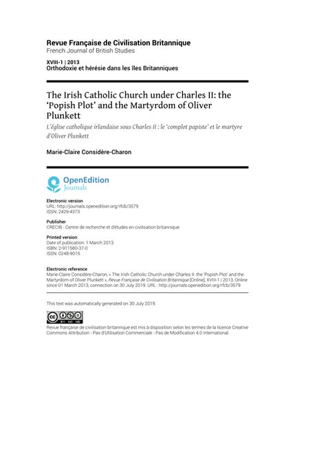 (PDF) The Irish Catholic Church under Charles II: the ‘Popish Plot’ and ...