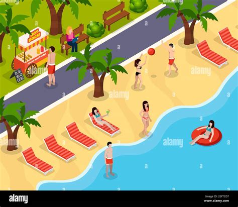 Colored beach rest isometric composition with holidaymakers swim and sunbathe on the beach ...