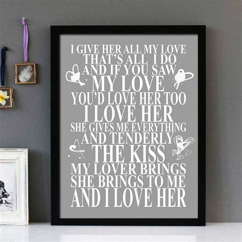 "And I Love Her" - The Beetles - Framed Lyrics Wall Art Design