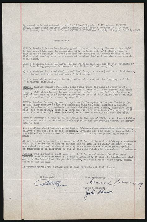 1947 Jackie Robinson Rookie Year Signed Licensing Contract (PSA GEM ...