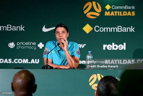 Sam Kerr speaks to the media during an Australian Matildas media... News Photo - Getty Images
