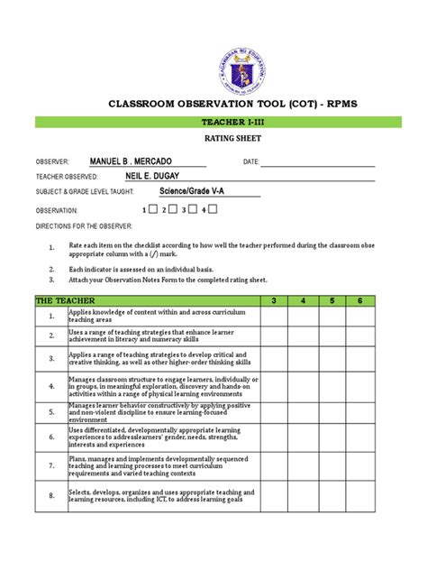 Cot Rating Sheet | Teachers | Curriculum