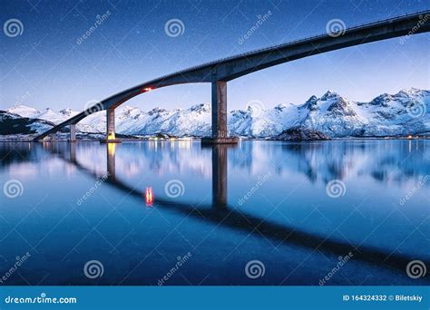 Bridge, Water and Night Sky with Stars. Reflection on the Water Surface ...