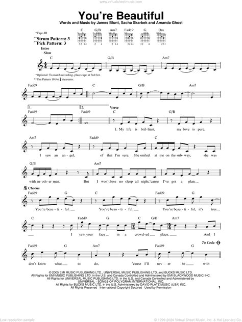 You're Beautiful sheet music (easy) for guitar solo (chords)