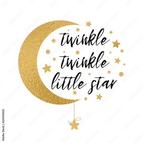 Twinkle twinkle little star text with gold star and moon for baby shower card design template ...