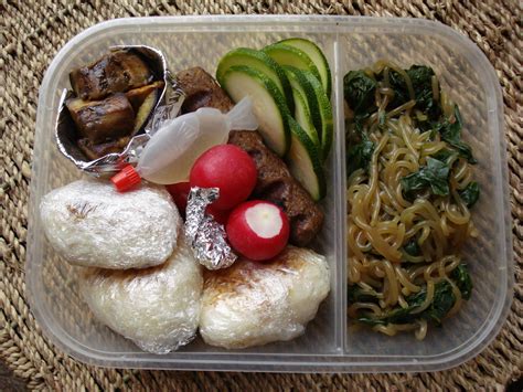 Bento box lunch, in improvised bento box | Fried aubergine, … | Flickr