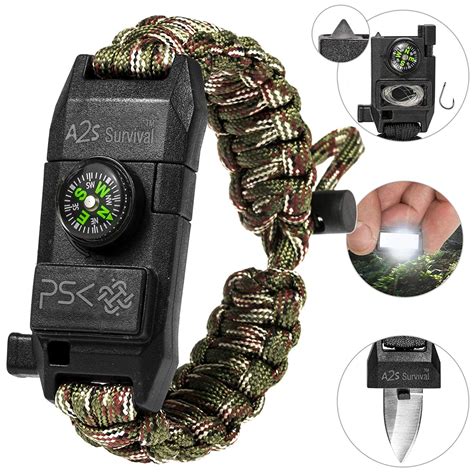 PSK Paracord Bracelet 8-in-1 Personal Survival Kit Urban & Outdoors w/ Survival Knife, Fire ...