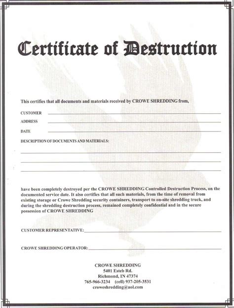 Free Certificate Of Destruction Template – Sample.gelorailmu.com