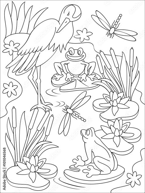 Page with black and white illustration of swamp for coloring. Developing children skills for ...