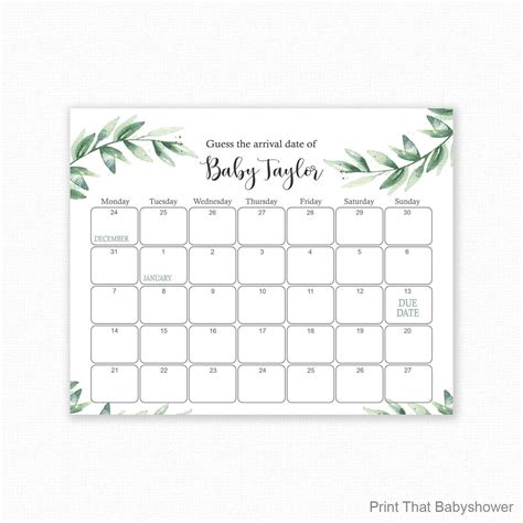 Universal Printable Guess The Due Date | Botanical baby shower ...