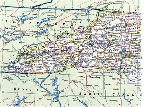 Map of North Carolina showing county with cities,road highways,counties