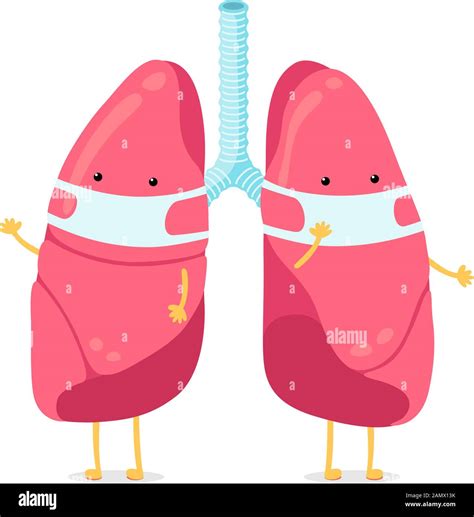 Cute cartoon lungs character with breathing hygiene mask on face. Human ...