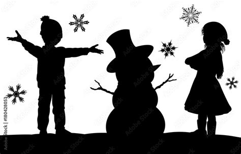 Kids Making Snowman Christmas Silhouette Scene Stock Vector | Adobe Stock