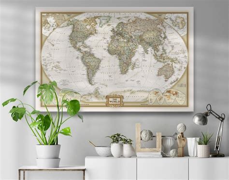 Vintage Educational the World Map Wall Art, Framed Modern Old World Map Canvas Wall Print, Push ...