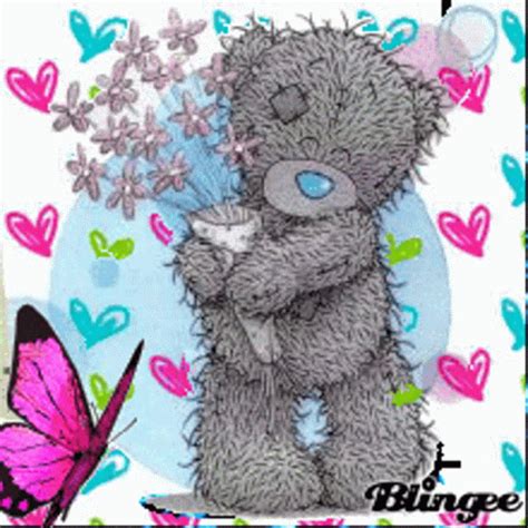 a drawing of a teddy bear holding a bouquet of flowers in front of a butterfly
