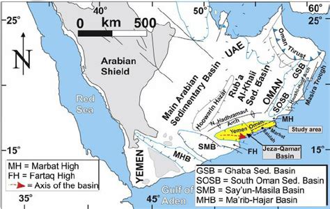 Location of the Jeza-Qamar Basin lying across the Oman – Yemen border ...