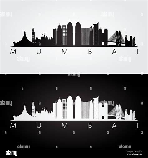 Mumbai skyline and landmarks silhouette, black and white design, vector ...