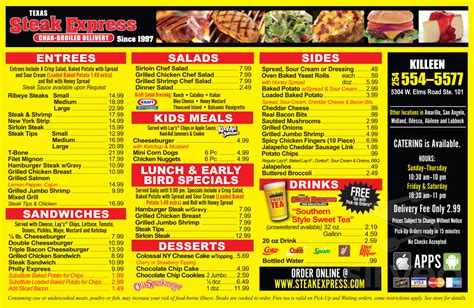 Texas Steak Express menu in Odessa, Texas, USA