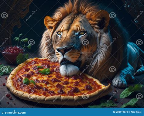 The Lion Eats a Big Pizza. Created by AI Stock Illustration - Illustration of carnivore, animal ...