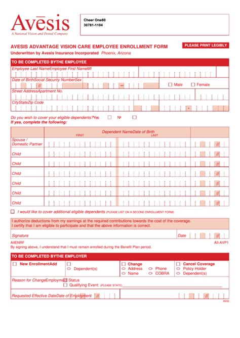 Fillable Avesis Advantage Vision Care Employee Enrollment Form printable pdf download