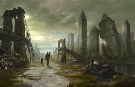 artwork, apocalyptic, ruin, vehicle, dog, Brooklyn Bridge, New York ...