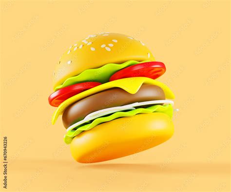 3d render fast food burger icon. Flying hamburger with bread, sesame, meat, cheese, salad ...