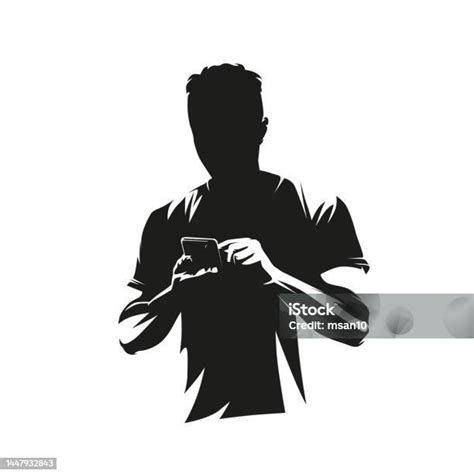 Man Holding Cell Phone In Hands Front View Isolated Vector Silhouette Abstract Ink Drawing Stock ...