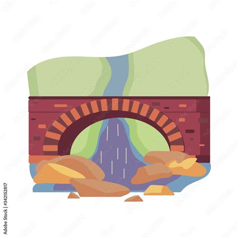 Cartoon stone dark red bridge with river, waterfall and green trees icon - vector architecture ...