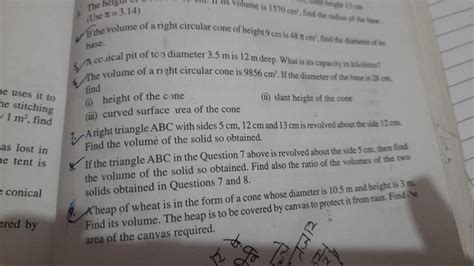 (Use π=3.14 ) If the volume of a right circular cone of height 9 cm is 48..