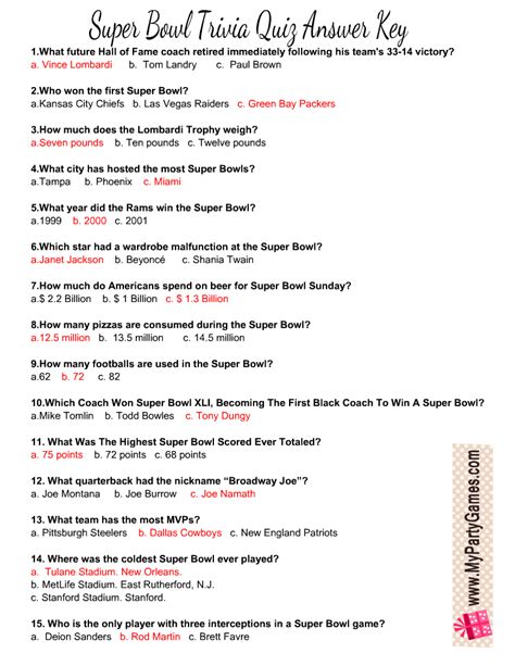 Free Printable Football Super Bowl Trivia Quiz