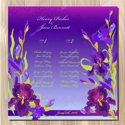 Table guest list. Background with purple iris flowers. Wedding template. — Stock Vector ...