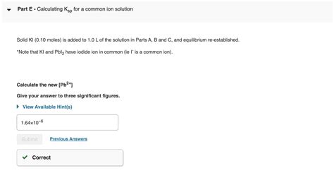 Solved Part E - Calculating Ksp for a common ion solution | Chegg.com