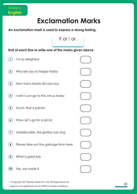 Exclamation Marks worksheets | Grade1to6 - Worksheets Library