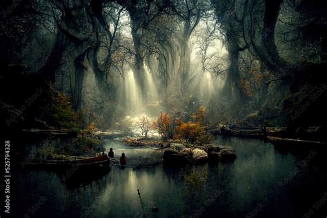 Mystery Deep Forest with River and Fog. Fantasy Backdrop. Concept Art ...