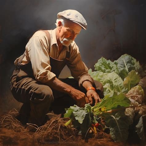 Premium AI Image | A weathered farmer tending to his sunlit field oil painting