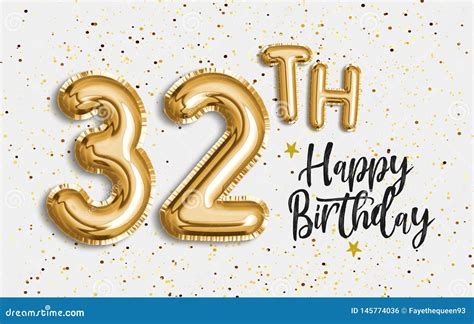 Happy 32th Birthday Gold Foil Balloon Greeting Background. Cartoon ...