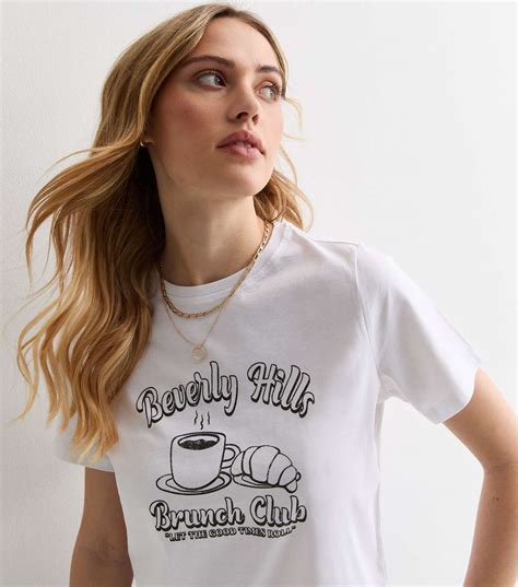 White Cotton Beverly Hills Brunch Club Logo T-Shirt | New Look