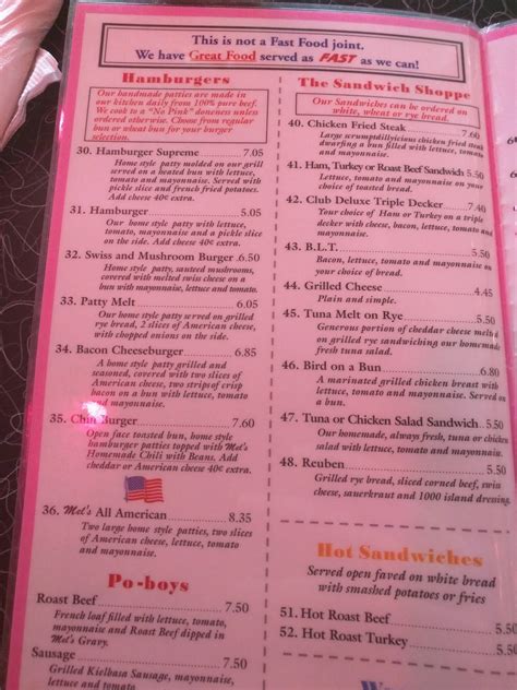 Menu at Mel's Diner restaurant, Broussard, Evangeline Thruway