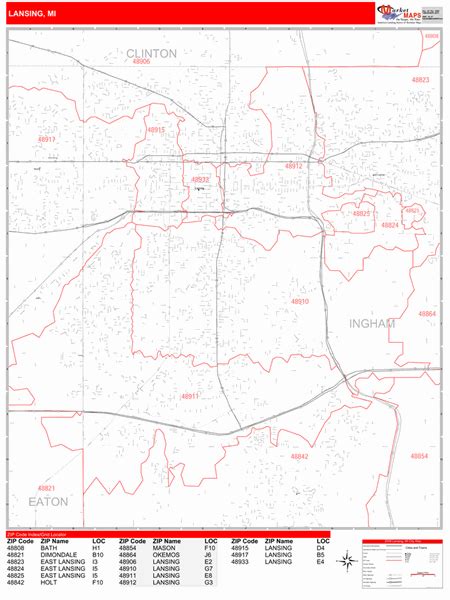 Lansing Michigan Zip Code Wall Map (Red Line Style) by MarketMAPS